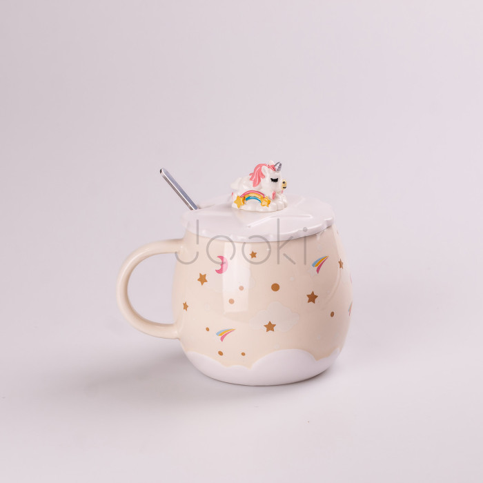 Чашка керамическая Rainbow Ceramic Mug 400ml с крышкой и ложкой Бежевый  Jooki