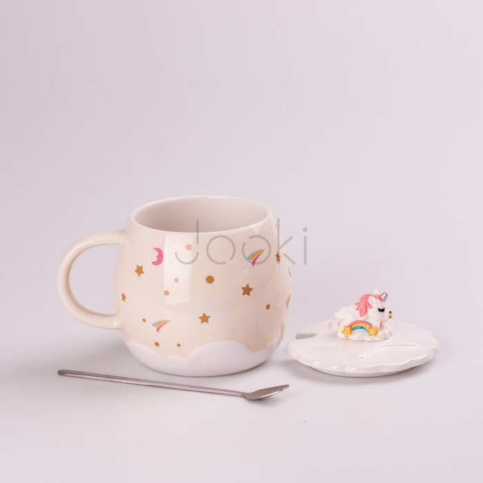 Чашка керамическая Rainbow Ceramic Mug 400ml с крышкой и ложкой Бежевый  Jooki