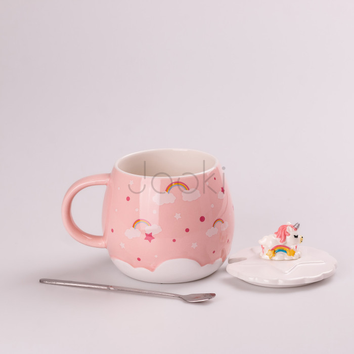Чашка керамическая Rainbow Ceramic Mug 400ml с крышкой и ложкой Розовый  Всегда под рукой 