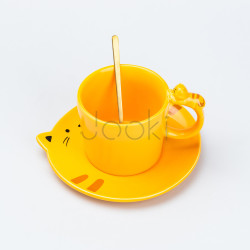 Чашка с блюдцем и ложкой керамическая 250 мл "Котик" Желтая Твой стильный выбор 