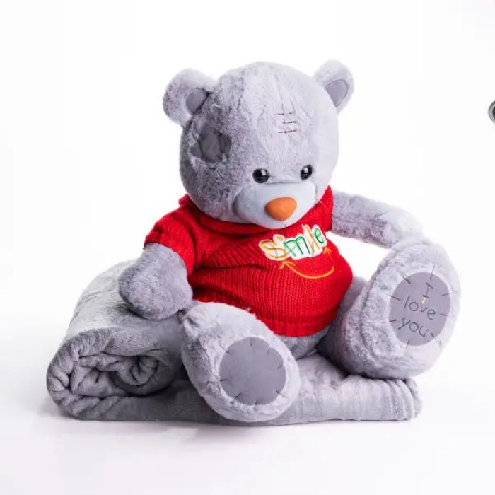 Мягкая игрушка с пледом 110х140 см Мишка Тедди в красном свитере серый 509-35GR  Jooki