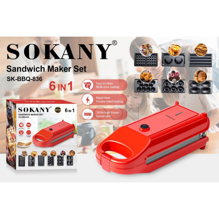 Мультипекар 6 в 1 Sokany SK-BBQ-836 700 Вт антипригарне покриття Червоний Практичне рішення Jooki