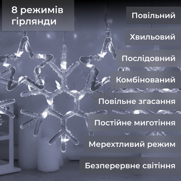 Гирлянда штора 3х0,9 м снежинка звезда на 145 LED лампочек светодиодная 10 шт Белый  Jooki