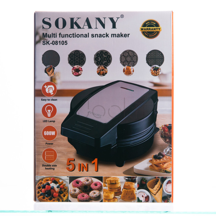 Мультипекар Sokany SK-08105 5 в 1 600 Вт з антипригарними панелями: для вафель, коржів, пончиків, горішків, фігурного печива Перевірена якість Jooki