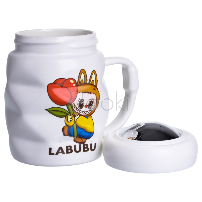 Чашка фарфоровая с крышкой Labubu 400 (мл) подарочная кружка прикольная чашка для детей на подарок Белый с желтым FM-54D Продумано до деталей 