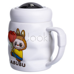 Чашка фарфоровая с крышкой Labubu 400 (мл) подарочная кружка прикольная чашка для детей на подарок Белый с желтым FM-54D Продумано до деталей 