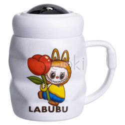 Чашка фарфоровая с крышкой Labubu 400 (мл) подарочная кружка прикольная чашка для детей на подарок Белый с желтым FM-54D
