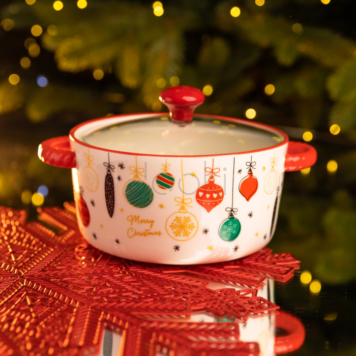 Супниця порцелянова Merry Christmas новорічна 800 (мл) з кришкою Yiwu FM-CS-9B Завжди під рукою 