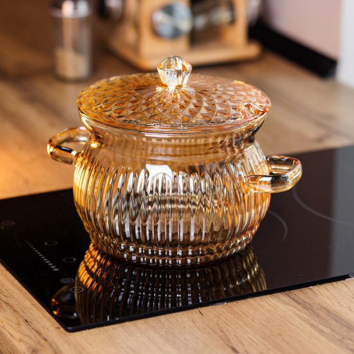 Каструля скляна термостійка 2 л з кришкою рельєфна коричневий посуд для готування варіння страв кухонний HP-34-64 Надійний вибір Jooki