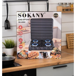 Газовая плита настольная на 4 конфорки Sokany черная мини для дачи, портативная переносная варочная панель кемпинговая SK-6004-Black Для комфорта каждый день 
