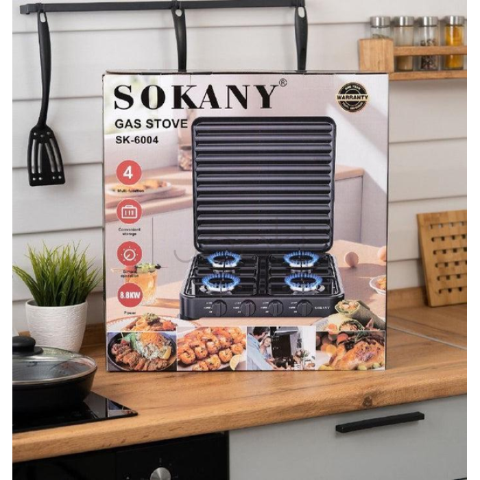 Газовая плита настольная на 4 конфорки Sokany черная мини для дачи, портативная переносная варочная панель кемпинговая SK-6004-Black Для комфорта каждый день 
