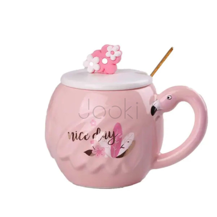 Чашка порцелянова Flamingo 500мл з кришкою і ложкою чашки для кави Nice day HPCY8276ND Практичне рішення Jooki
