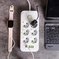 Мережевий фільтрподовжувач F06U на 6 розеток 4 USB 1 Type-C та кнопкою відключення 5 м Білий HP-5-25 Функціональність Jooki