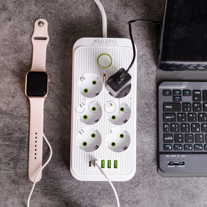 Мережевий фільтрподовжувач F06U на 6 розеток 4 USB 1 Type-C та кнопкою відключення 5 м Білий HP-5-25 Функціональність Jooki