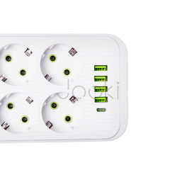 Мережевий фільтрподовжувач F06U на 6 розеток 4 USB 1 Type-C та кнопкою відключення 5 м Білий HP-5-25 Функціональність Jooki