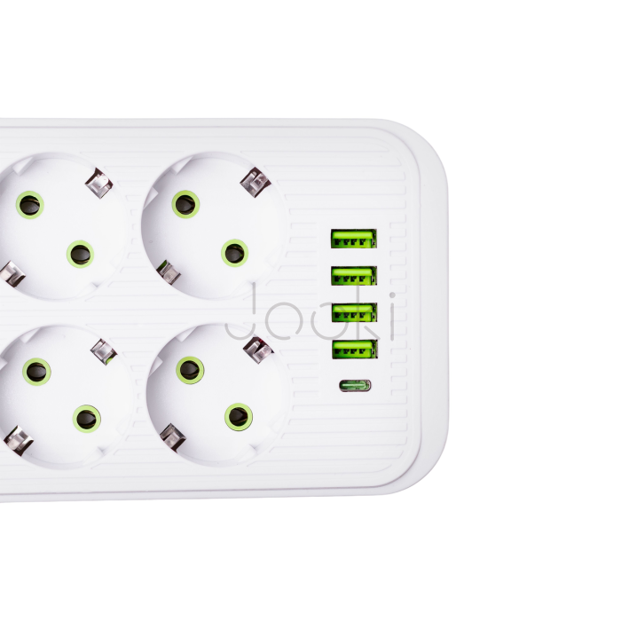 Мережевий фільтрподовжувач F06U на 6 розеток 4 USB 1 Type-C та кнопкою відключення 5 м Білий HP-5-25 Функціональність Jooki