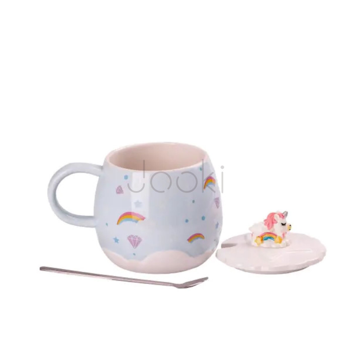 Чашка керамическая Rainbow Ceramic Mug 400ml с крышкой и ложкой Голубой  Jooki 