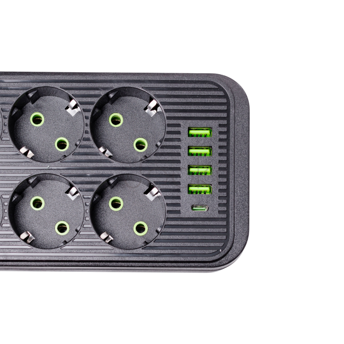 Мережевий фільтр подовжувач F06U на 6 розеток 4 USB 1 Type-C та кнопкою відключення 5 м Чорний HP-5-26 Зручність і стиль Jooki