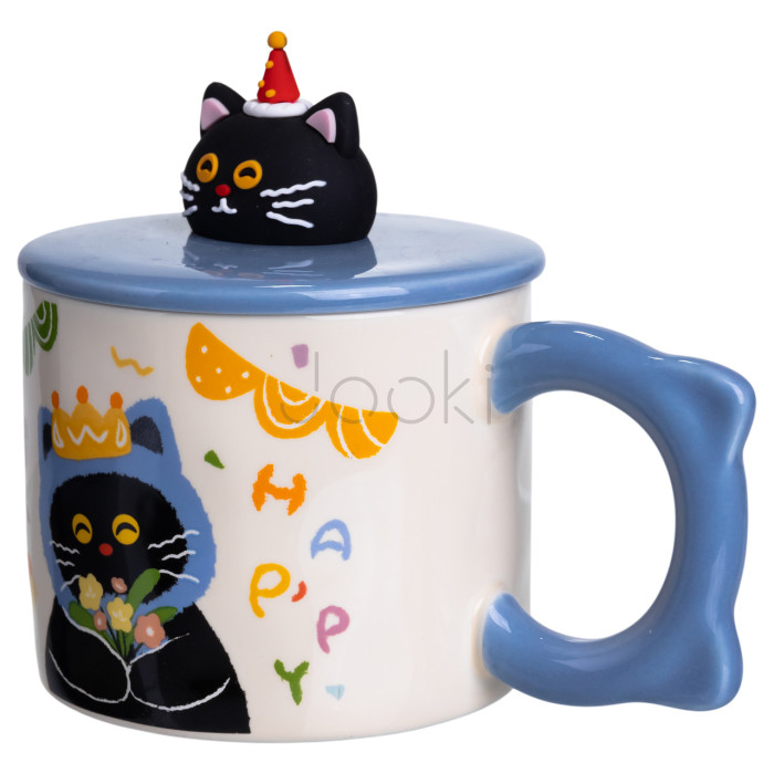 Кубок порцелянова з кришкою Kitten's Birthday 400 (мл) подарункова кружка прикольна чашка для дітей на подарунок Синій FM-24A Продумано до деталей 