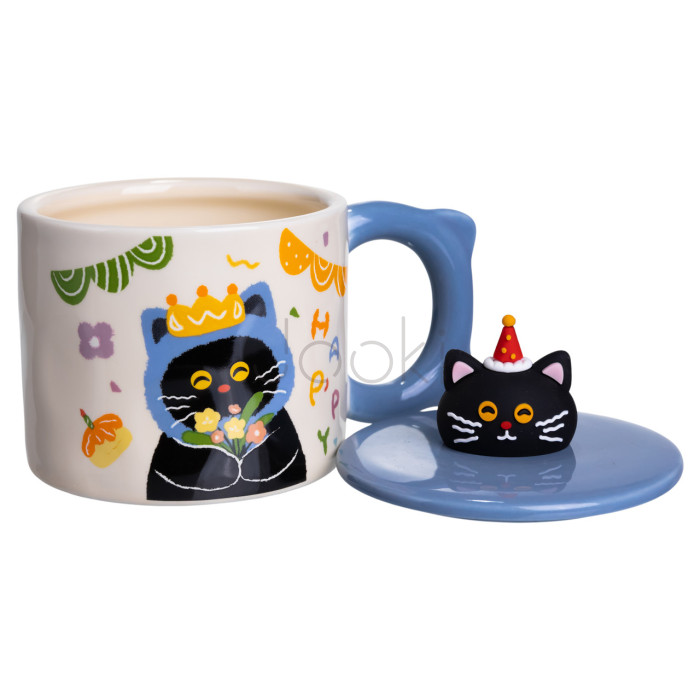 Кубок порцелянова з кришкою Kitten's Birthday 400 (мл) подарункова кружка прикольна чашка для дітей на подарунок Синій FM-24A Продумано до деталей 