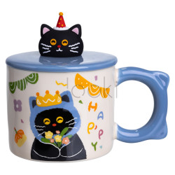 Кубок порцелянова з кришкою Kitten's Birthday 400 (мл) подарункова кружка прикольна чашка для дітей на подарунок Синій FM-24A Продумано до деталей 