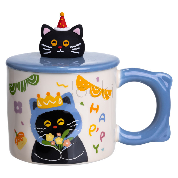 Кубок порцелянова з кришкою Kitten's Birthday 400 (мл) подарункова кружка прикольна чашка для дітей на подарунок Синій FM-24A Продумано до деталей 
