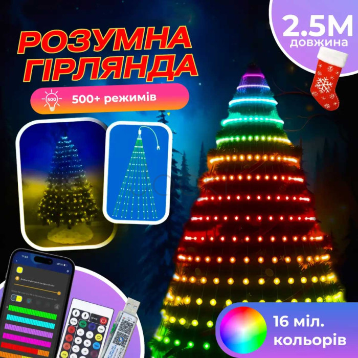 Умная гирлянда Smart 250 LED длина 2,5 м с управлением смартфона прозрачная, мультиколор Надежный выбор Jooki