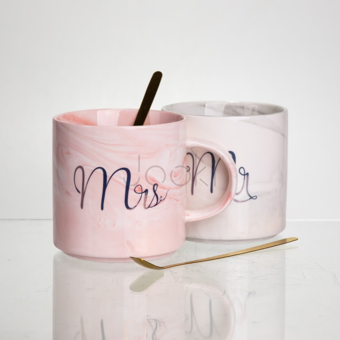 Набор парных фарфоровых чашек Mr&Mis 2 (шт) по 400 (мл) чашки на подарок с ложкой FM-28 Практическое решение Jooki