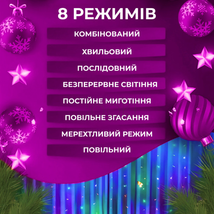 Гірлянда штора світлодіодна GarlandoPro 200LED Роса 3х3м 8 режимів 10 ниток гірлянда роса на ялинці 173305ML Продумано до деталей 