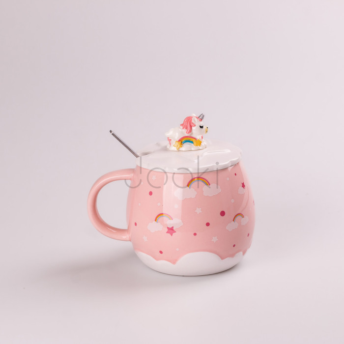 Чашка керамическая Rainbow Ceramic Mug 400ml с крышкой и ложкой Розовый  Всегда под рукой 
