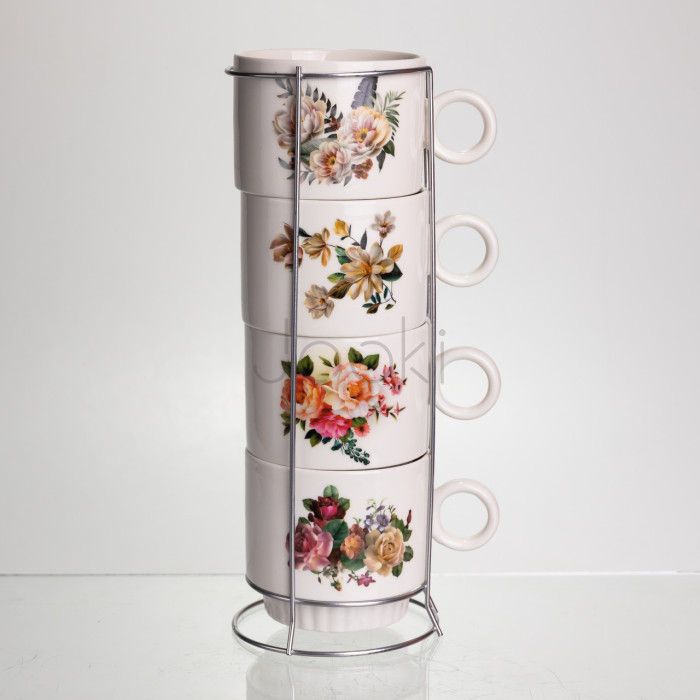 Набор чашек для чая и кофе на металлической подставке Flower 4 (шт) по 300 (мл) подарочный набор фарфоровых чашек FM-7 Надежный выбор Jooki