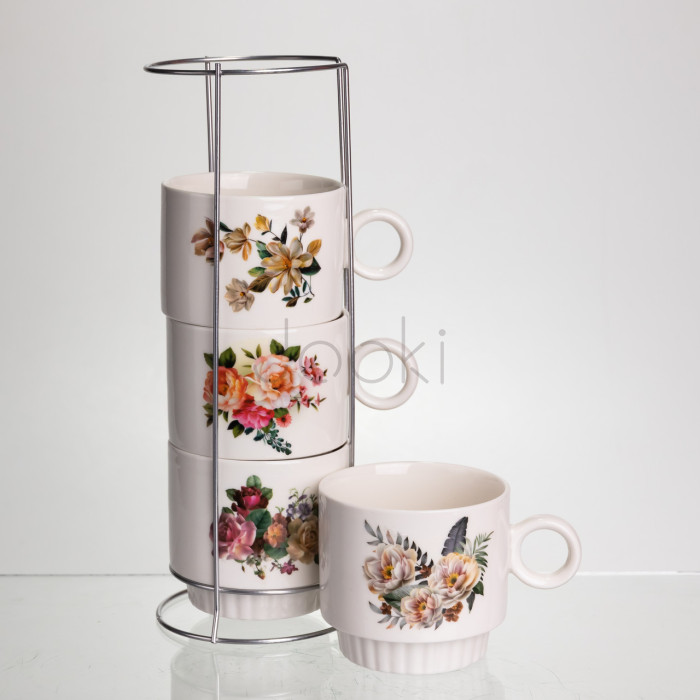Набор чашек для чая и кофе на металлической подставке Flower 4 (шт) по 300 (мл) подарочный набор фарфоровых чашек FM-7 Надежный выбор Jooki
