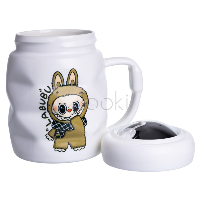 Чашка фарфоровая с крышкой Labubu 400 (мл) Белый с коричневым FM-54B Продумано до деталей 