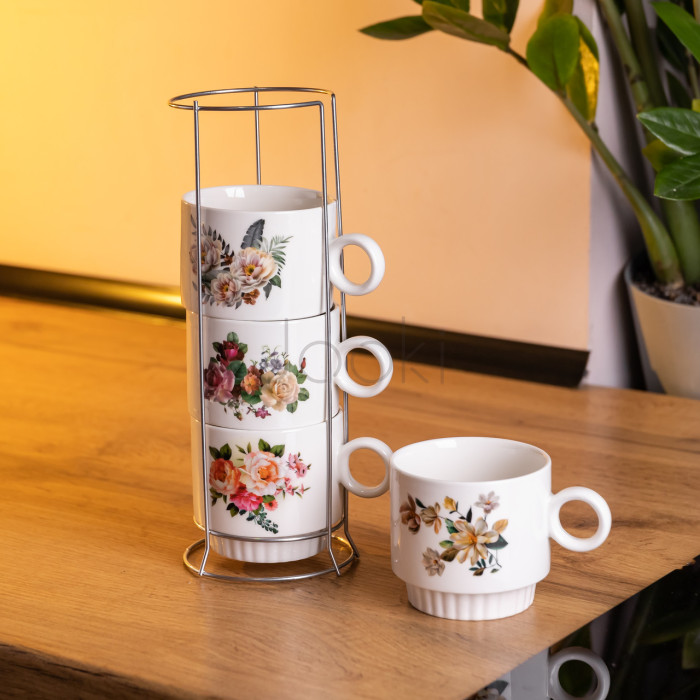 Набор чашек для чая и кофе на металлической подставке Flower 4 (шт) по 300 (мл) подарочный набор фарфоровых чашек FM-7 Надежный выбор Jooki