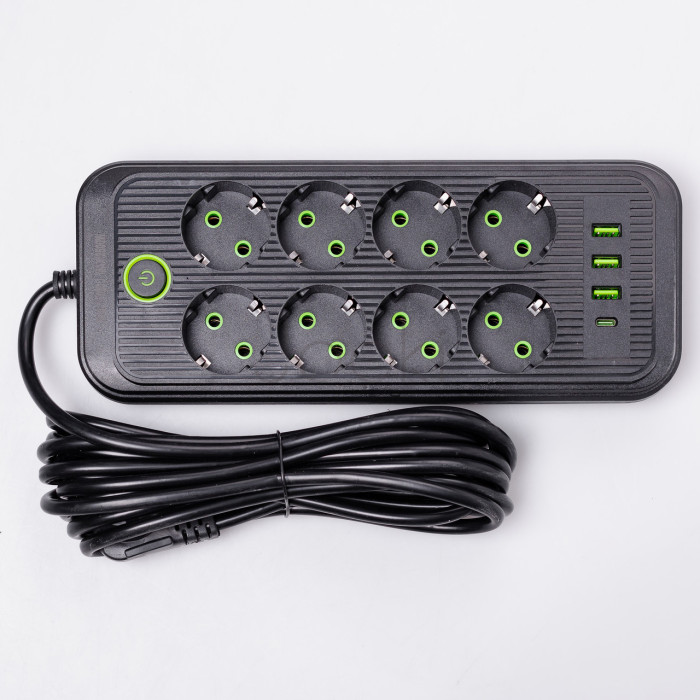 Мережевий фільтр подовжувач на 8 розеток з 3 USB 1 Type-C та кнопкою відключення F20U 2.8 м Чорний HP-5-28  Jooki