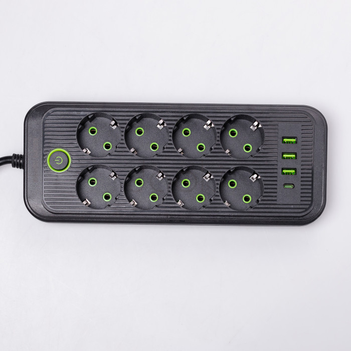 Мережевий фільтр подовжувач на 8 розеток з 3 USB 1 Type-C та кнопкою відключення F20U 2.8 м Чорний HP-5-28  Jooki