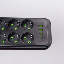 Мережевий фільтр подовжувач на 8 розеток з 3 USB 1 Type-C та кнопкою відключення F20U 2.8 м Чорний HP-5-28  Jooki