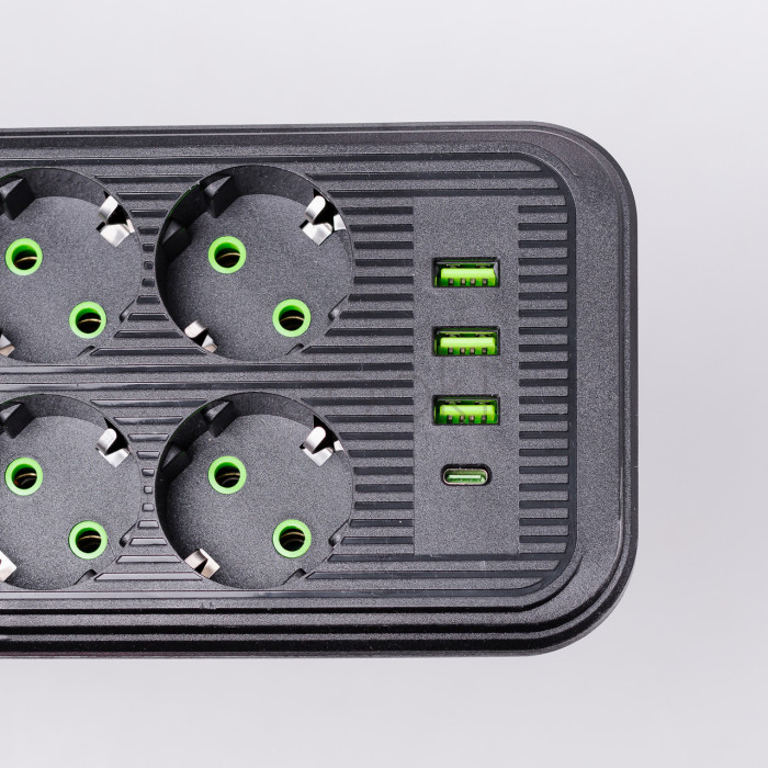 Мережевий фільтр подовжувач на 8 розеток з 3 USB 1 Type-C та кнопкою відключення F20U 2.8 м Чорний HP-5-28  Jooki