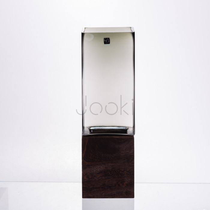 Скляна декоративна ваза квадратна, стильна ваза скло з деревом для квітів прозора HP-32-7  Jooki