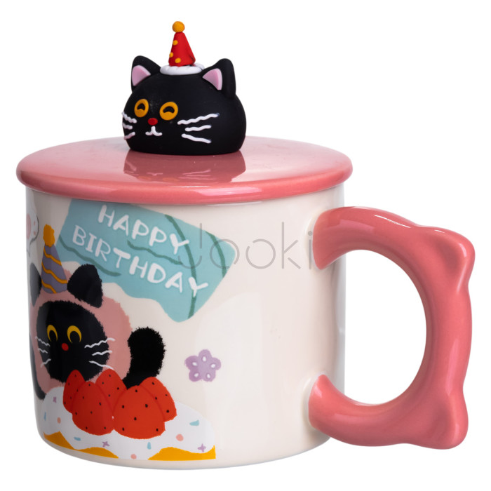 Кубок порцелянова з кришкою Kitten's Birthday 400 (мл) подарункова кружка прикольна чашка для дітей на подарунок Рожевий FM-24C Для комфорту кожного дня 