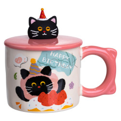 Кубок порцелянова з кришкою Kitten's Birthday 400 (мл) подарункова кружка прикольна чашка для дітей на подарунок Рожевий FM-24C Для комфорту кожного дня 
