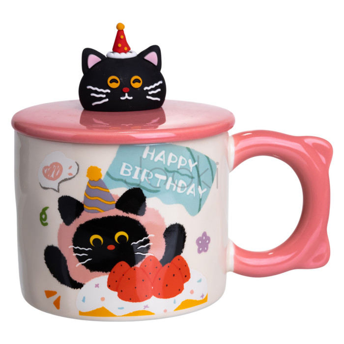 Кубок порцелянова з кришкою Kitten's Birthday 400 (мл) подарункова кружка прикольна чашка для дітей на подарунок Рожевий FM-24C Для комфорту кожного дня 