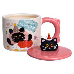 Кубок порцелянова з кришкою Kitten's Birthday 400 (мл) подарункова кружка прикольна чашка для дітей на подарунок Рожевий FM-24C Для комфорту кожного дня 