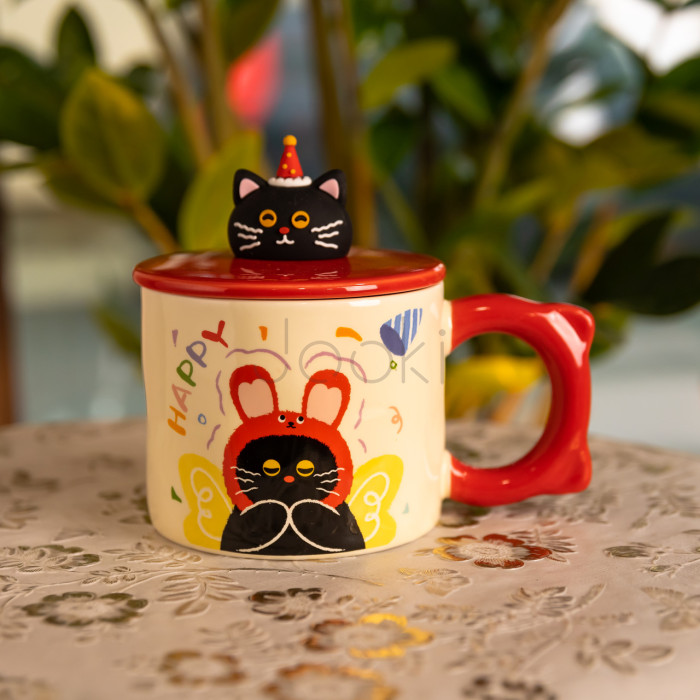Кубок порцелянова з кришкою Kitten's Birthday 400 (мл) подарункова кружка прикольна чашка для дітей на подарунок Рожевий FM-24C Для комфорту кожного дня 
