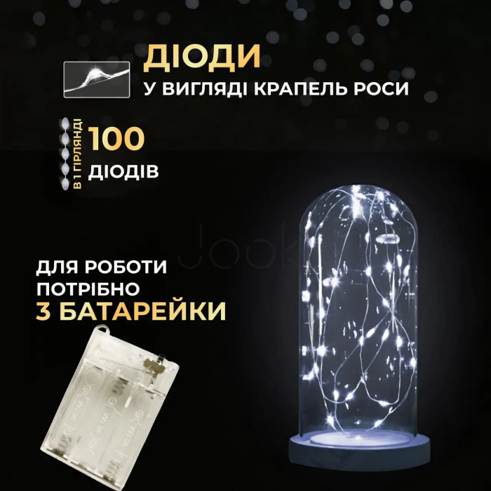 Гирлянда роса 10 метров капля на батарейках на 100 led белый провод белая Продумано до деталей 