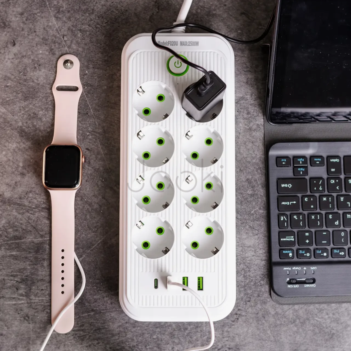 Мережевий фільтр подовжувач на 8 розеток з 3 USB 1 Type-C та кнопкою відключення F20U 4.7 м Чорний HP-5-29 Продумано до деталей 