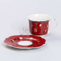 Чашка фарфоровая Christmas с блюдцем, красная  Jooki