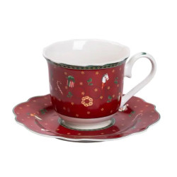 Чашка фарфоровая Christmas с блюдцем, красная  Jooki