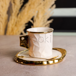 Чашка фарфоровая для кофе 200 (мл) с блюдцем и ложкой, красивая чашка в подарок Белый с золотом FM-1B Проверенное качество Jooki