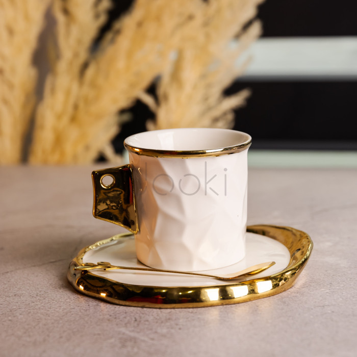 Чашка фарфоровая для кофе 200 (мл) с блюдцем и ложкой, красивая чашка в подарок Белый с золотом FM-1B Проверенное качество Jooki